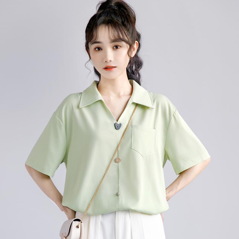 Áo Sơ Mi Chiffon Mỏng Tay Ngắn Dáng Rộng Cổ polo Màu Xanh Bạc Hà Thời Trang Mùa Hè Cho Nữ