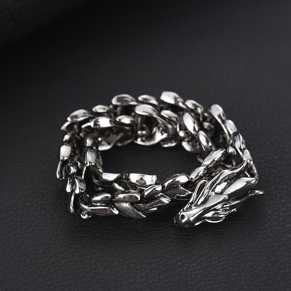 Vòng Tay Mặt Hình Rồng Màu Bạc Phong Cách Vintage Thời Trang Cho Nam