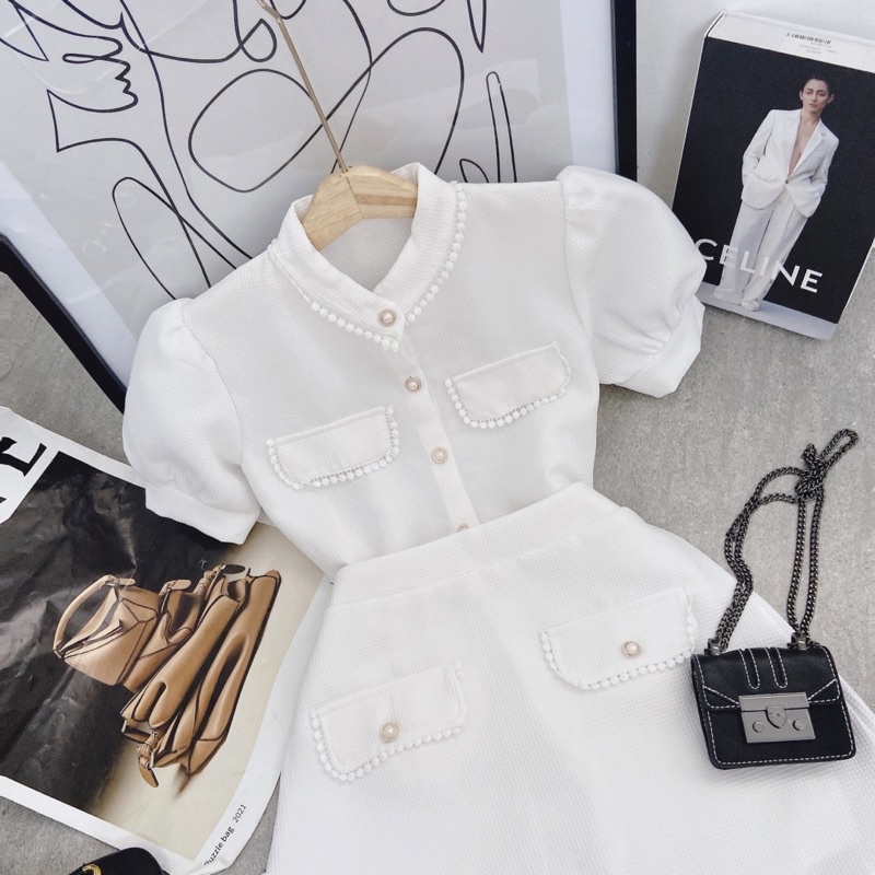 SET ÁO DẠ VIỀN REN CỔ TRỤ + CHÂN VÁY