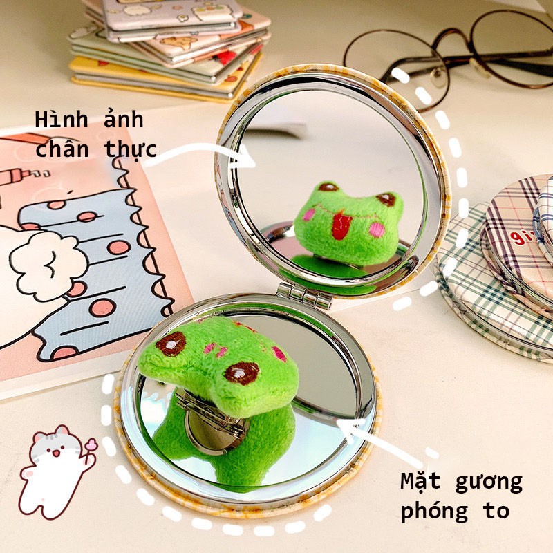 Gương trang điểm cầm tay mini 2 mặt bỏ túi chắc chắn, Gương cầm tay mini Hàn Quốc siêu cute, Gương hoạt hình dễ thương