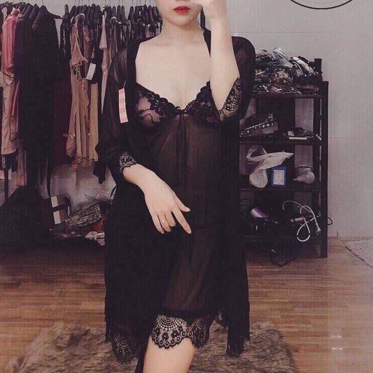 ✴💯FREESHIP💯✴ [Size M,L,XL 60kg] bộ đồ ngủ,Aó choàng ngủ xuyên thấu kèm váy ngủ sexy hai dây,quần lót dây lọt khe SL115 | BigBuy360 - bigbuy360.vn