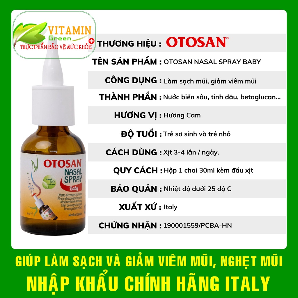 Xịt mũi OTOSAN NASAL SPRAY BABY giúp làm sạch mũi, giảm viêm mũi, nghẹt mũi | Nhập khẩu chính hãng Italy