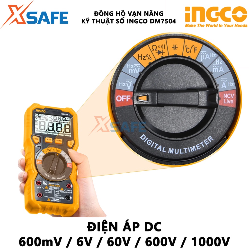 Đồng hồ vạn năng kỹ thuật số INGCO DM7504 RMS thực 6000 số đếm, phát hiện điện áp không tiếp xúc