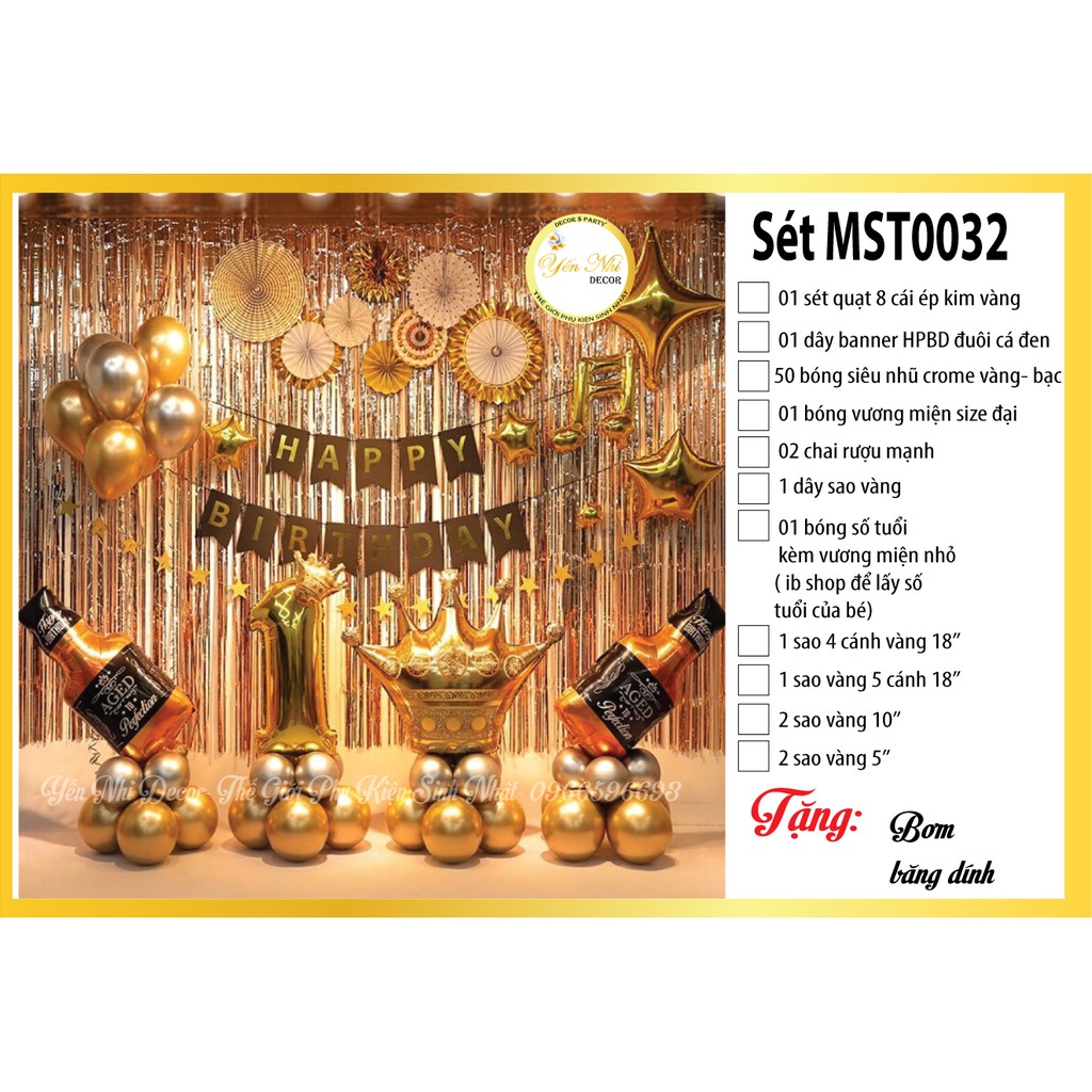 Sét bóng trang trí sinh nhật cho bé trai màu vàng kim sang trọng YẾN NHI SHOP