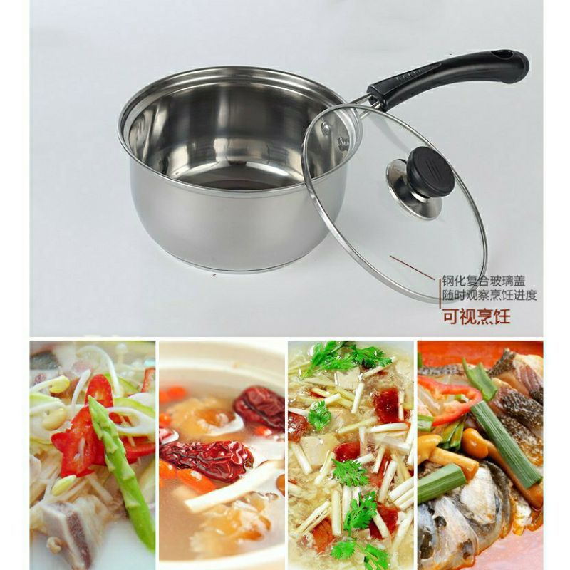 Nồi nấu bột dùng bếp từ, Quánh inox nắp kính 16cm có tay cầm cách nhiệt
