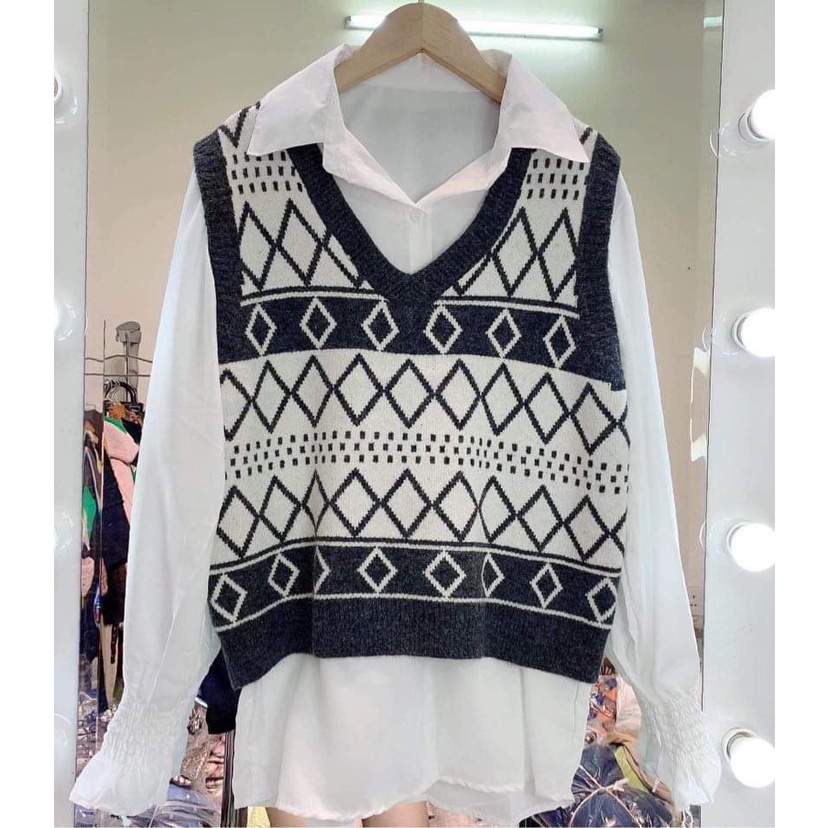 Áo gile nữ hoạ tiết thổ cẩm, Áo gile len ulzzang nữ dáng Hàn Quốc Hanva