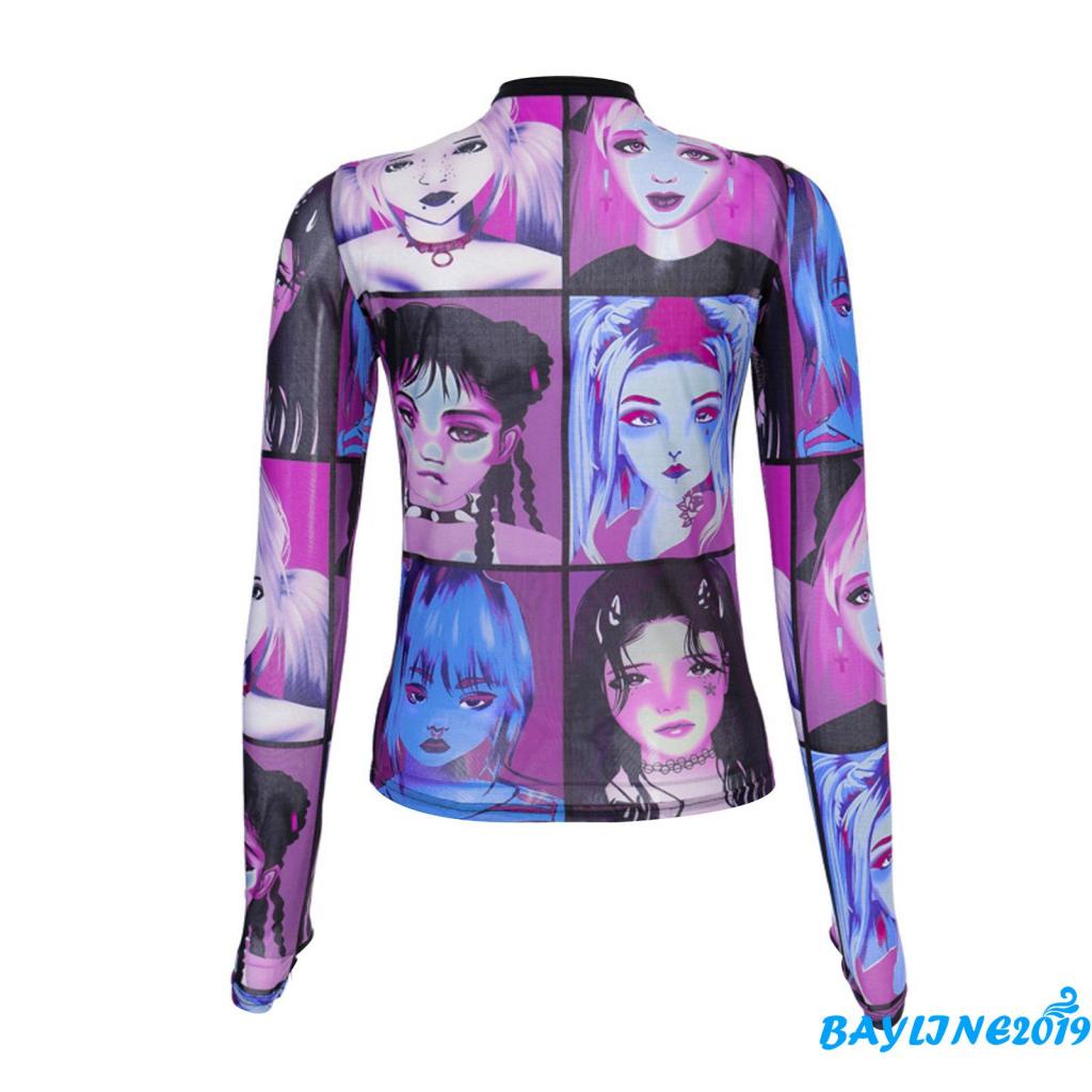 Áo croptop tay dài cổ tròn in hình khuôn mặt nhiều màu sắc dành cho nữ