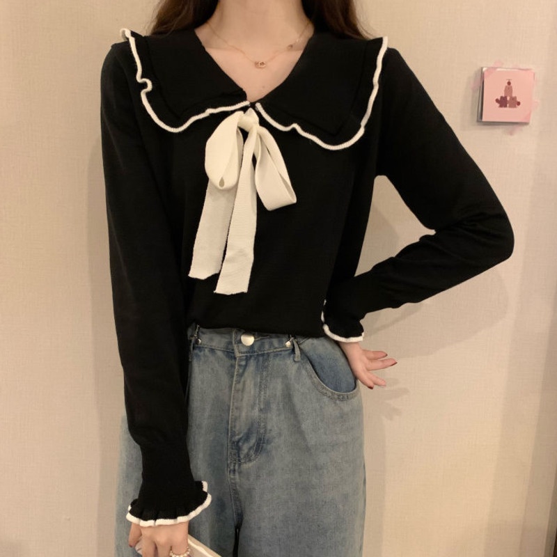 Áo Dệt Kim Nữ Tay Dài Cổ Búp Bê Đính Nơ Phong Cách Hàn Quốc