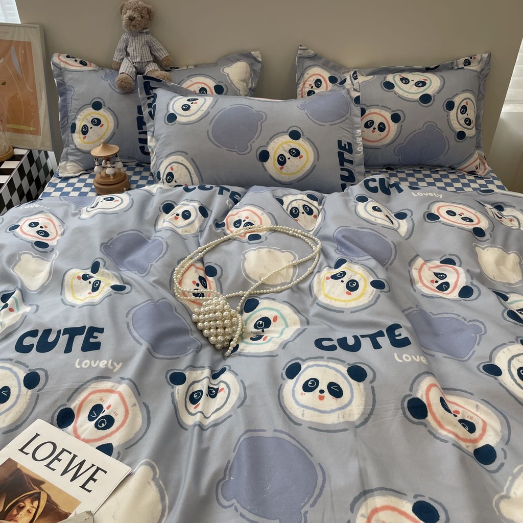 Bộ chăn ga gối cotton poly phong cách Hàn quốc - Mẫu gấu trúc xanh.
