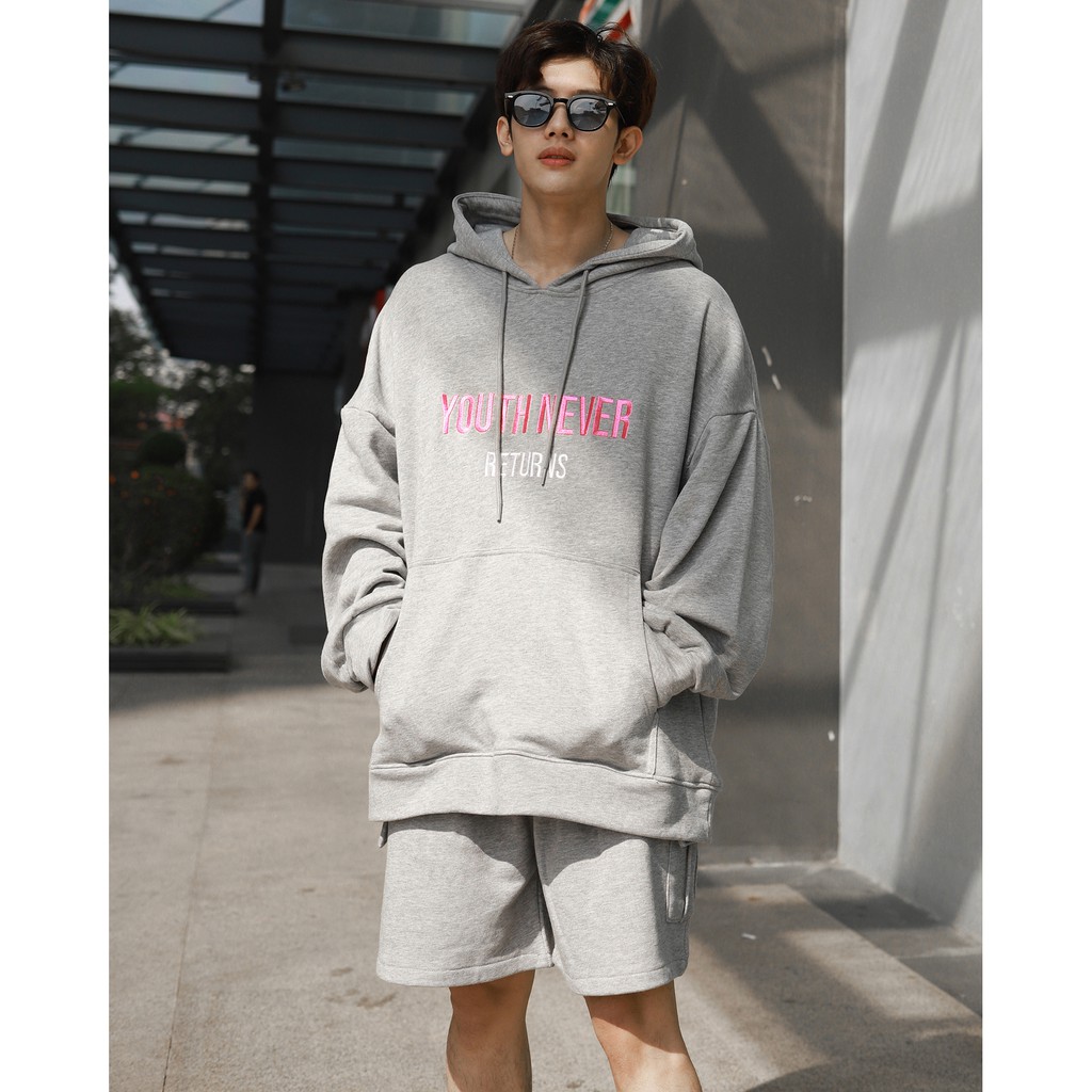 Áo Hoodie Youth Never Returns - Phía Trước Thêu Chữ Tỉ Mỉ - Chất Vải Nỉ Da Cá - Form Oversized Rộng Thoải Mái - Màu Xám