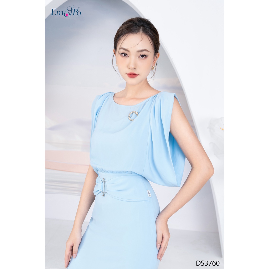 Đầm ôm gấp ly vai, tay ống rộng, đai eo liền rúm nơ Emspo DS3760