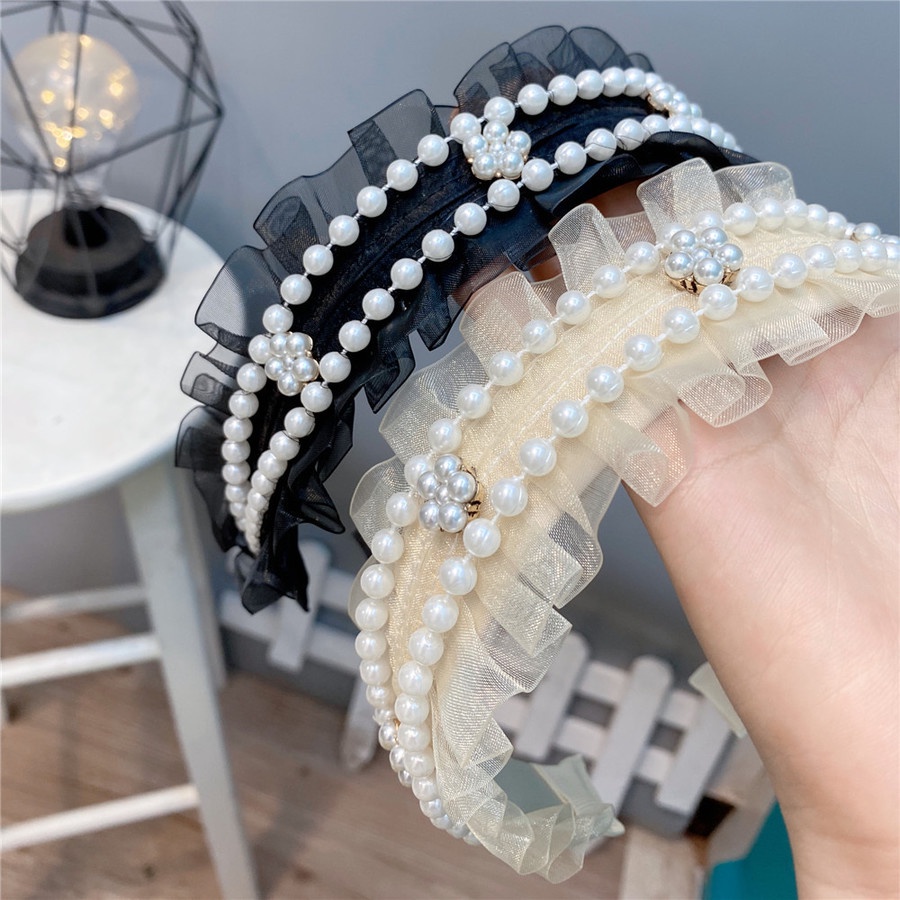 Băng đô bản rộng phối ren đính ngọc trai nhân tạo phong cách Hàn Quốc