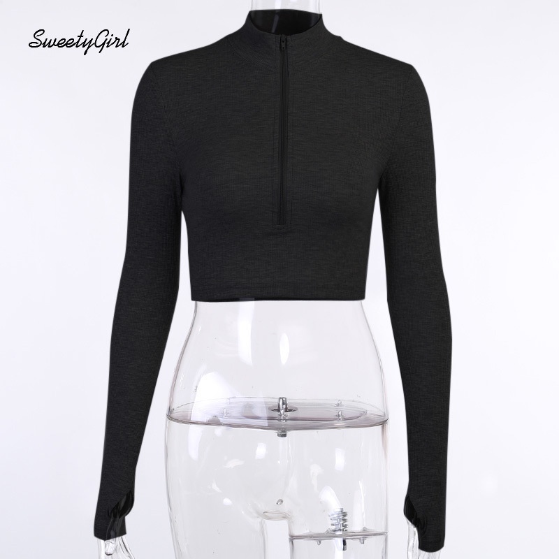 Áo Croptop Tay Dài Cổ Đứng Màu Trơn Có Khóa Kéo Dành Cho Nữ