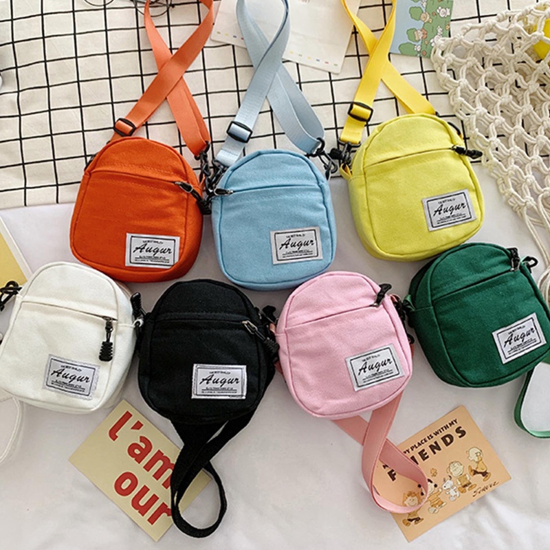 Túi đeo chéo mini bằng vải canvas màu trơn có khóa kéo thời trang dành cho nữ
