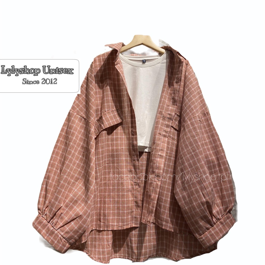 Áo sơ mi nữ LylyshopUnisex - M02, kiểu áo sơ mi oversize form rộng tay phồng kẻ sọc caro cho nữ mặc đi học, đi chơi