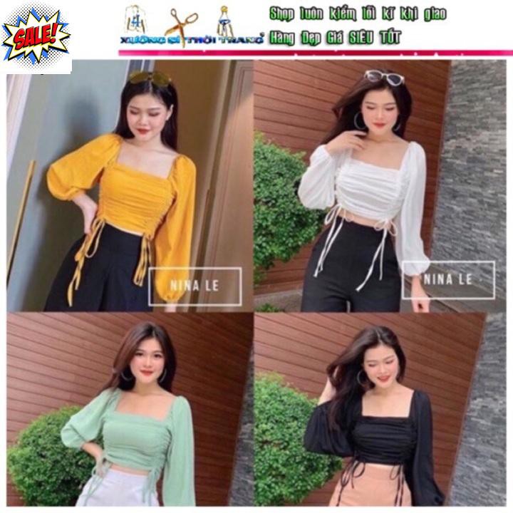 Áo Kiểu Croptop rút dây 2 bên tay dài Thời trang -Ảnh Thật kèm video- Hàng có sẵn