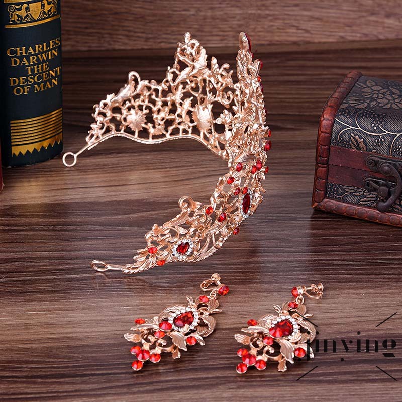 Set vương miện + khuyên tai nobel GETNOIVAS kiểu chiếc lá màu vàng phong cách vintage công chúa cho cô dâu/ đám cưới
