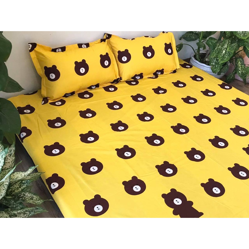 Bộ ga chun và 2 áo gối nằm Emmidecor - mẫu Gấu vàng, drap cotton poly