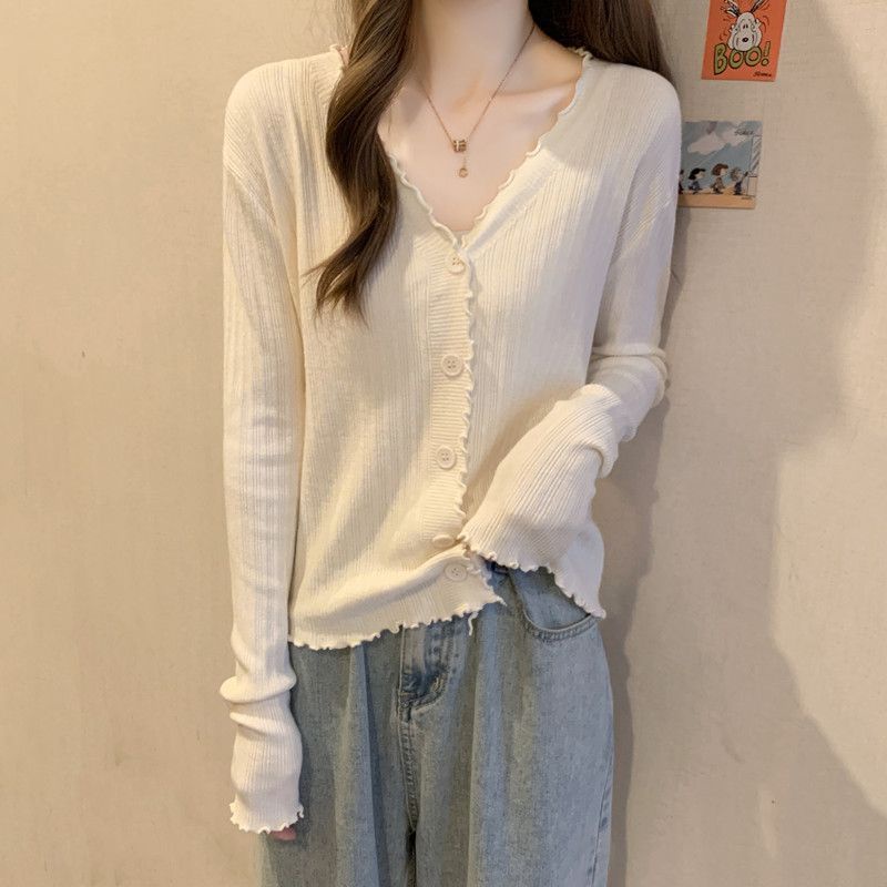 K Áo Khoác Cardigan Dệt Kim Tay Dài Dáng Ôm Cổ Chữ v Viền Nấm Phong Cách Mùa Thu Mới Dành Cho Bạn Nữ