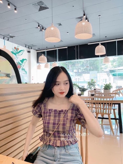 Áo caro kẻ tím phối bèo hottrend