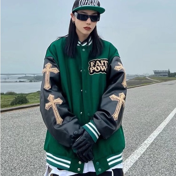 Áo khoác bomber vải da thêu họa tiết chữ thập thời trang cho nam áo khoác nỉ hai lớp |