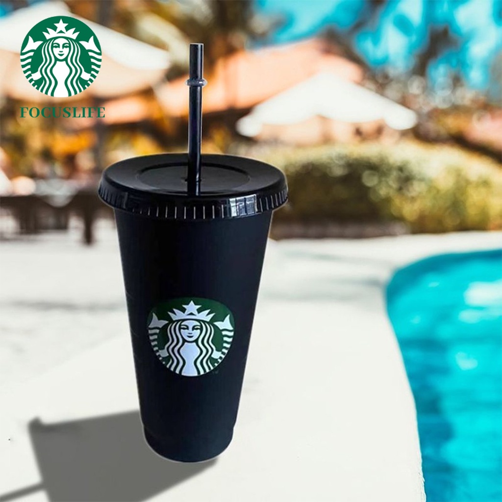 Cốc uống nước Starbucks bằng nhựa màu đen có nắp đậy và ống hút