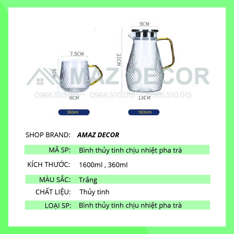 [GÍA SỈ] BỘ 1 BÌNH 6 CỐC LY THỦY TINH CHỊU NHIỆT PHA TRÀ NƯỚC LỌC DETOX SANG TRỌNG CAO CẤP