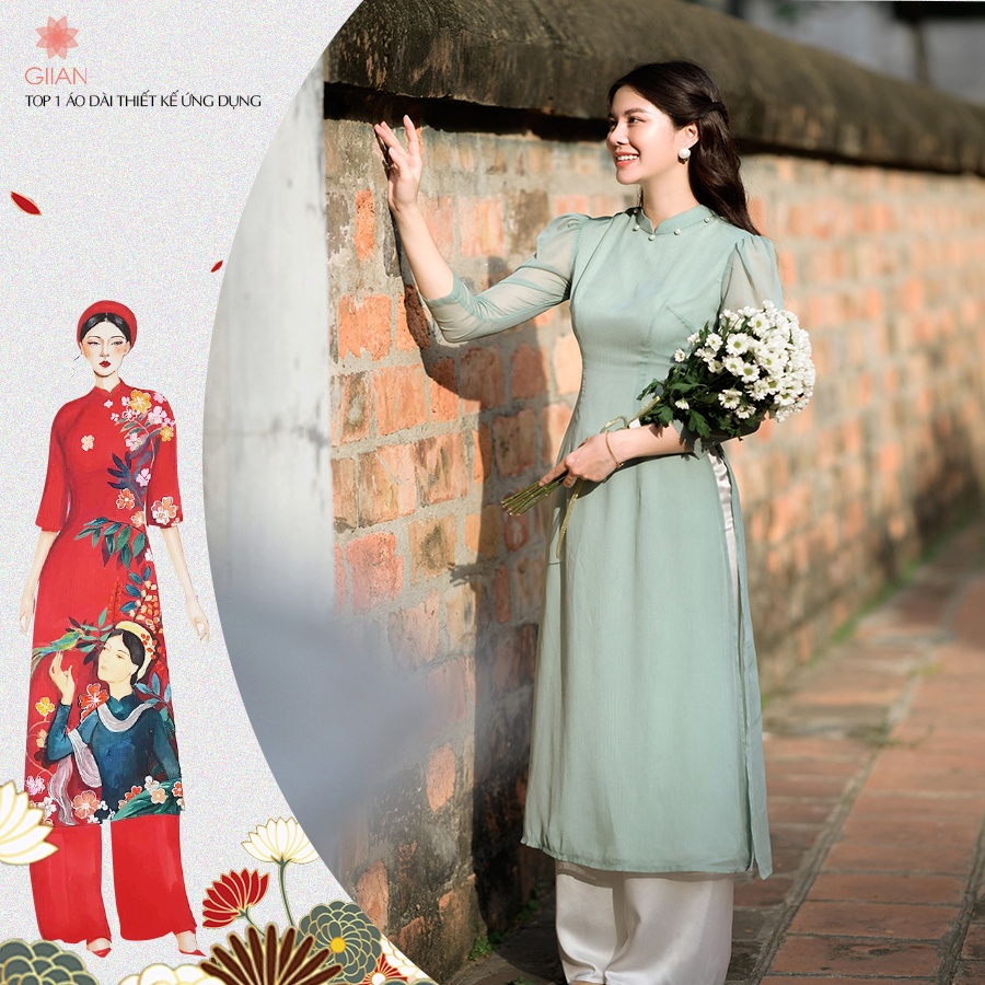 Áo dài nữ cách tân cổ ngọc thiết kế chính hãng GIIAN, áo dài tơ tay bồng - AD183