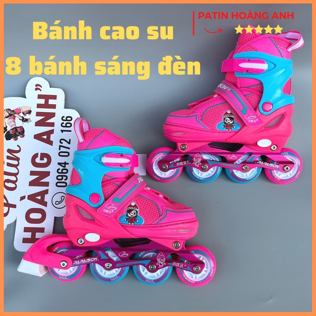 Giày trượt patin trẻ em, 8 bánh sáng Papasion a3 kid 3, patin điều chỉnh tăng giảm được size, bánh cao su