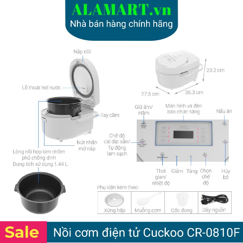 NỒI CƠM ĐIỆN TỬ CUCKOO CR-0810F 1.44L 2 - 6 người 0.8 kg gạo