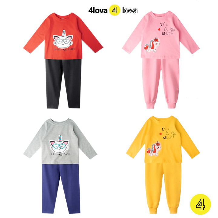 Bộ quần áo dài tay 4LOVA thun cotton in hoạt hình đáng yêu cho bé gái