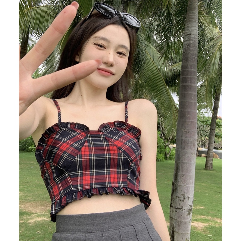 Áo Hai Dây Họa Tiết Sọc Caro Quyến Rũ Thời Trang Mùa Hè Cho Nữ
