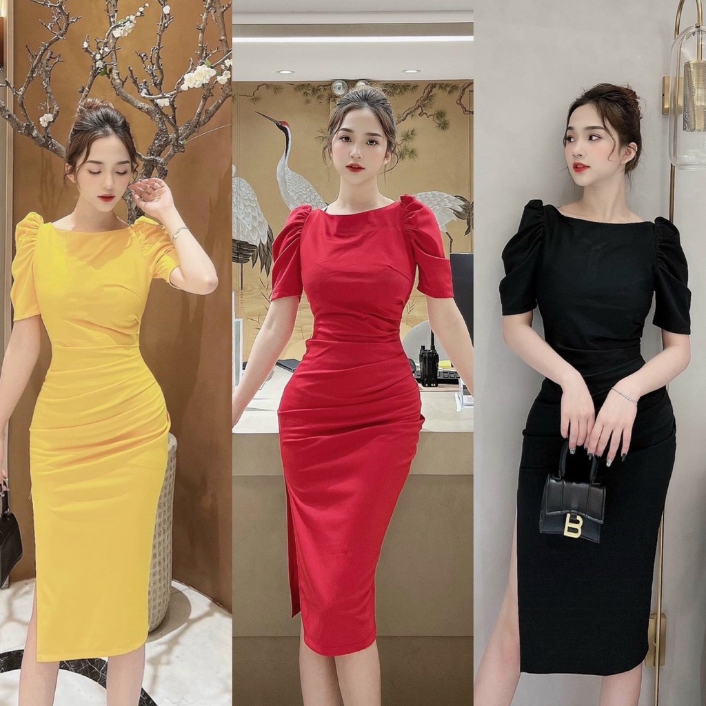 Đầm nữ Midi tay phồng xẻ tà màu sắc (Vàng, Trắng, Đen, Đỏ) thanh lịch, sang trọng thích hợp đi chơi, dự tiệc