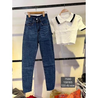 Set jeans dài 2 nút co giãn + croptop petter phối viền