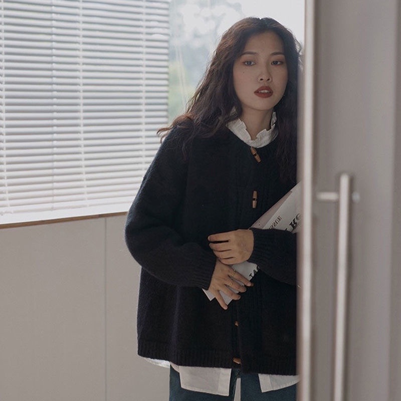 Áo Sweater Cardigan Cổ Tròn Dáng Rộng Màu Sắc Đơn Giản Phong Cách Hàn Quốc Dành Cho Nữ