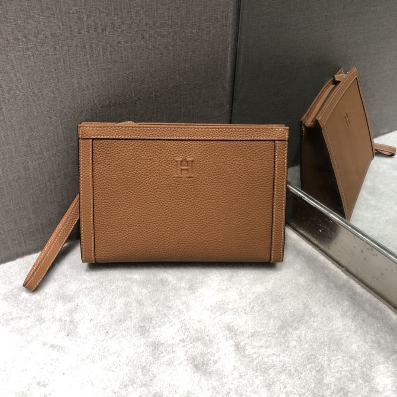 clutch cầm tay cho nam nữ da thật dáng kéo khóa đơn giản logo chữ H HM