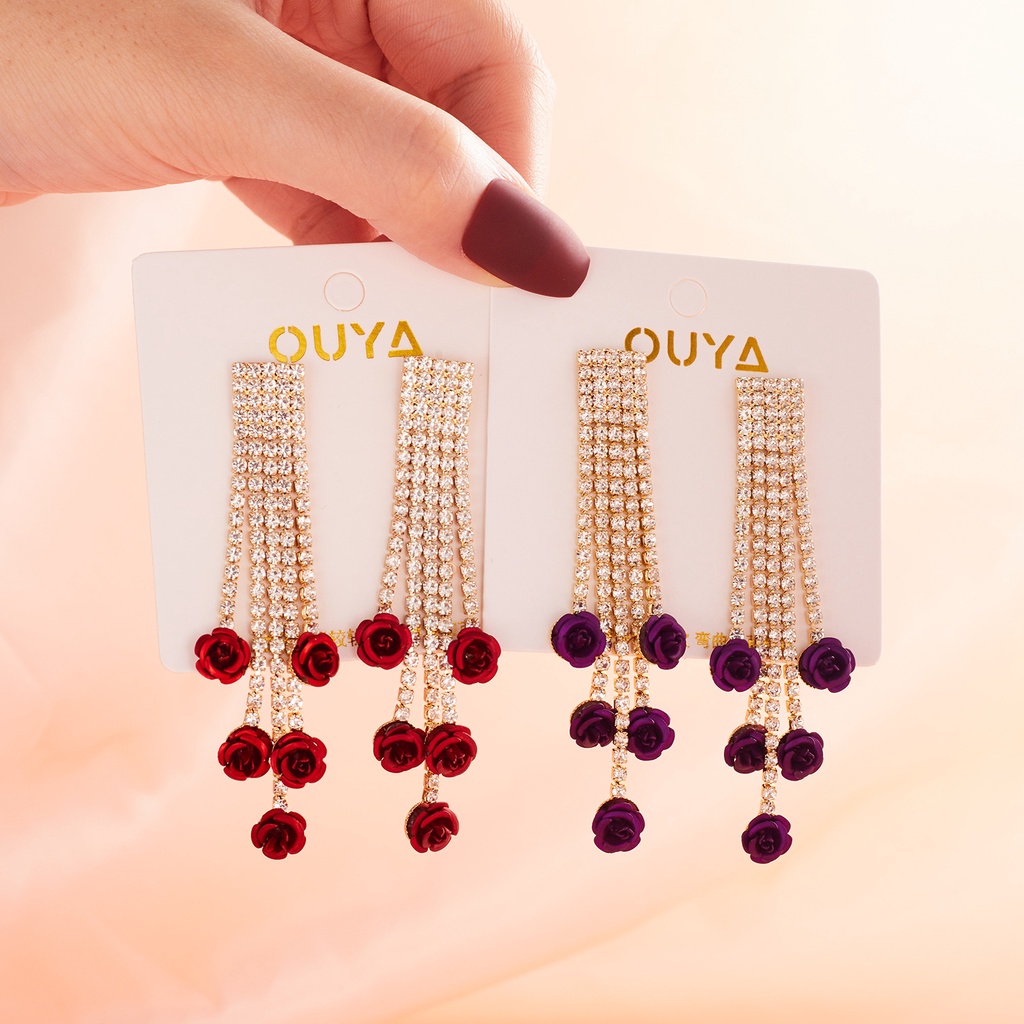 Bông tai RINHOO dáng dài hình hoa hồng đính đá phối tua rua thời trang cho nữ