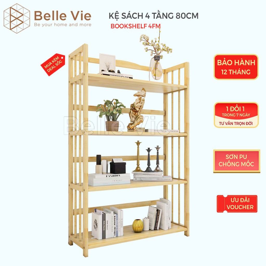 Kệ Sách 4 Tầng BELLEVIE Kệ Gỗ Decor Lắp Ráp Đơn Giản Tiện Dụng Bookshelf 4F Natural x 80Cm