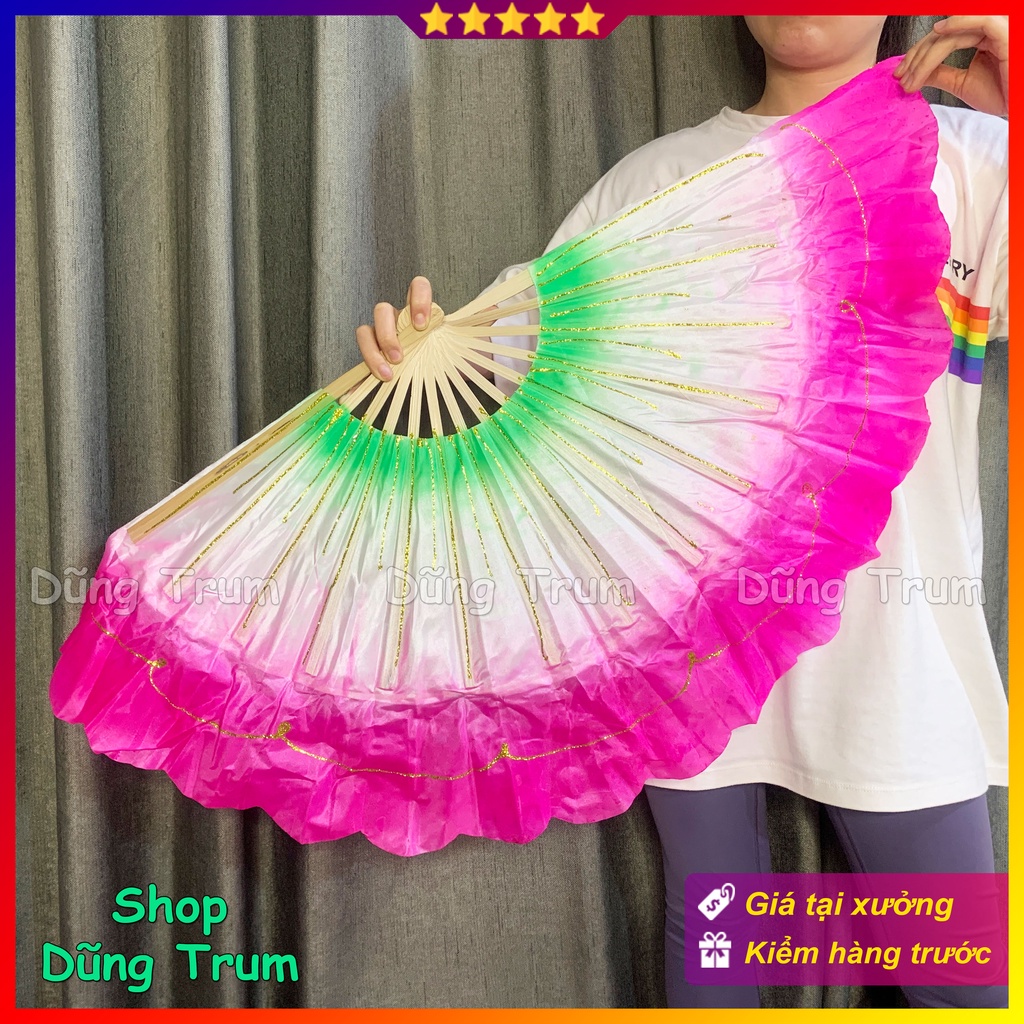 Quạt múa 3 màu nan tre phun kim tuyến cực đẹp