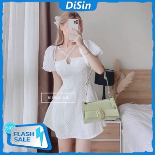 Đầm xốp tay phồng hở lưng có dây thắt dáng xòe ngắn 4 màu