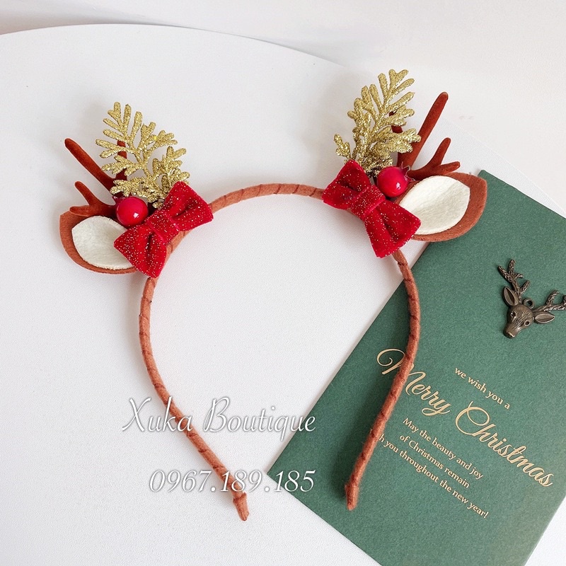 Bờm Tóc Giáng Sinh Noel Tuổi Teen Trẻ Em, Băng Đô Cài Tóc Cao Cấp Hình Sừng Tuần Lộc Gắn Nơ Đỏ, Bờm tóc Noel Cho Bé