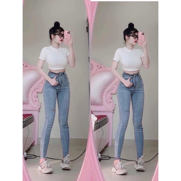 [Bigsize 32-36]Quần Jean Skinny Xanh Nhạt Rách Trên Gối Tua Lai. Jean Co Giãn Lưng Cao Tôn Dáng