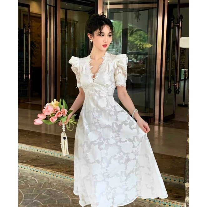 Đầm Midi phối ren tay phồng