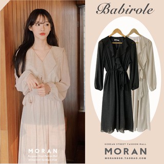(ORDER - Sẵn đen XL ) Váy voan MORAN dài tay cổ V phối bèo điệu đà thun eo xòe dài tiểu thư nhẹ nhàng mùa thu