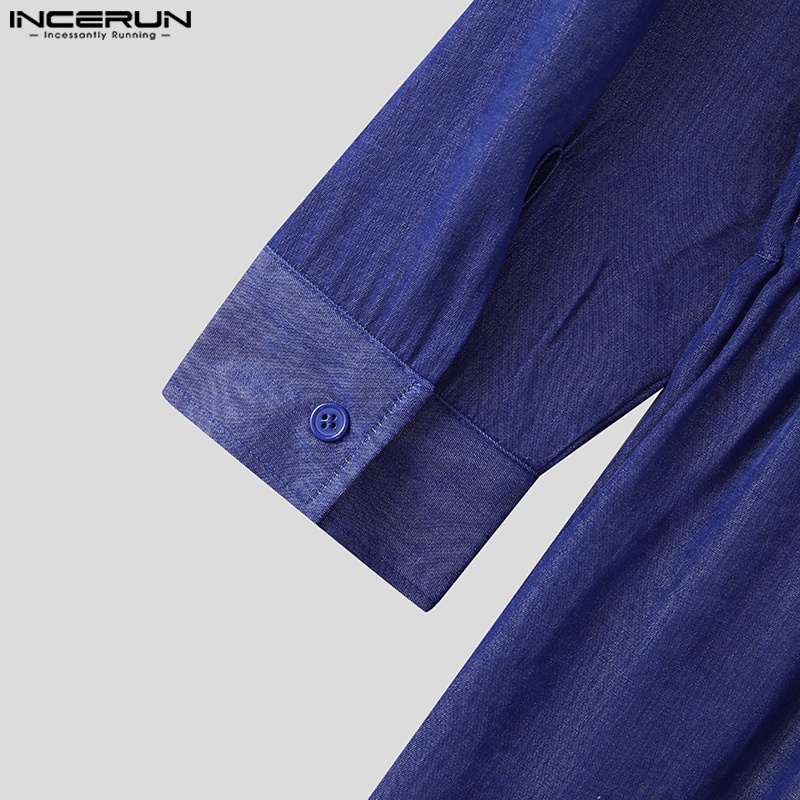 Jumpsuit INCERUN denim tay dài phối khóa kéo và nút cài phong cách Hàn Quốc thời trang cho nam