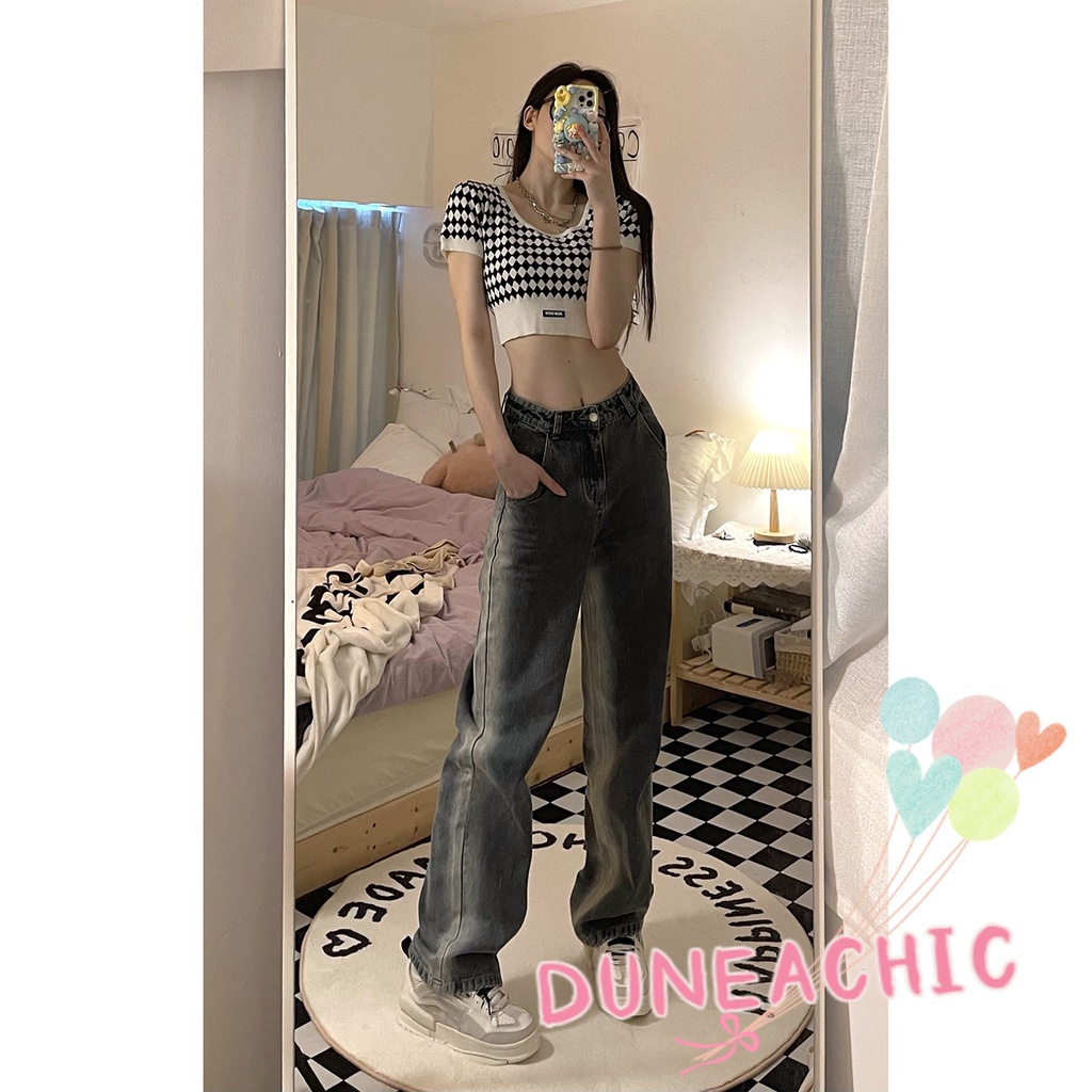 DUNEA Áo Len Tay Ngắn Họa Tiết Sọc Caro Thời Trang Cho Nữ