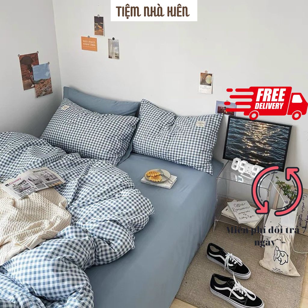 CHĂN GA HÀN QUỐC, COTTON KẺ SỌC, SET 4 MÓN, TIỆM NHÀ HIÊN
