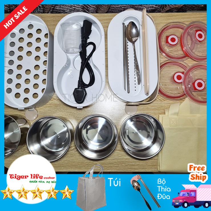 Hộp Cơm Hâm Nóng Tích hợp Ngăn đựng Đũa, Thìa 2- 4 Bát Inox, Giữ Nhiệt, Hâm Nóng Và Nấu Chín Thức ăn Tặng Full đồ