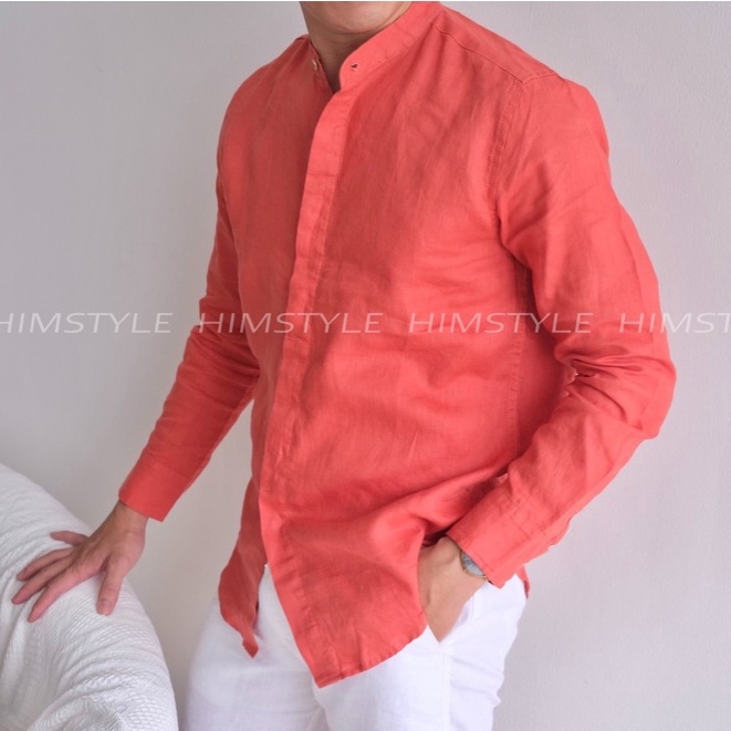 Áo Sơ Mi Nam Cổ Trụ Tay Dài Không Túi Linen Tưng