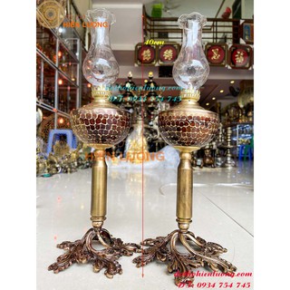 Đèn dầu thờ cúng bằng đồng cao 40cm chân hoa văn uốn lượn -đèn thờ cúng